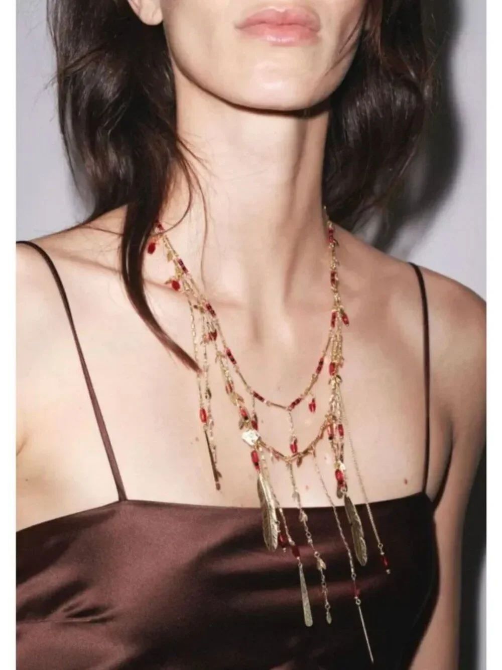 Zara FeatherโCascading Necklaces fringe Red Gold Jewelry 1011/020 NWT